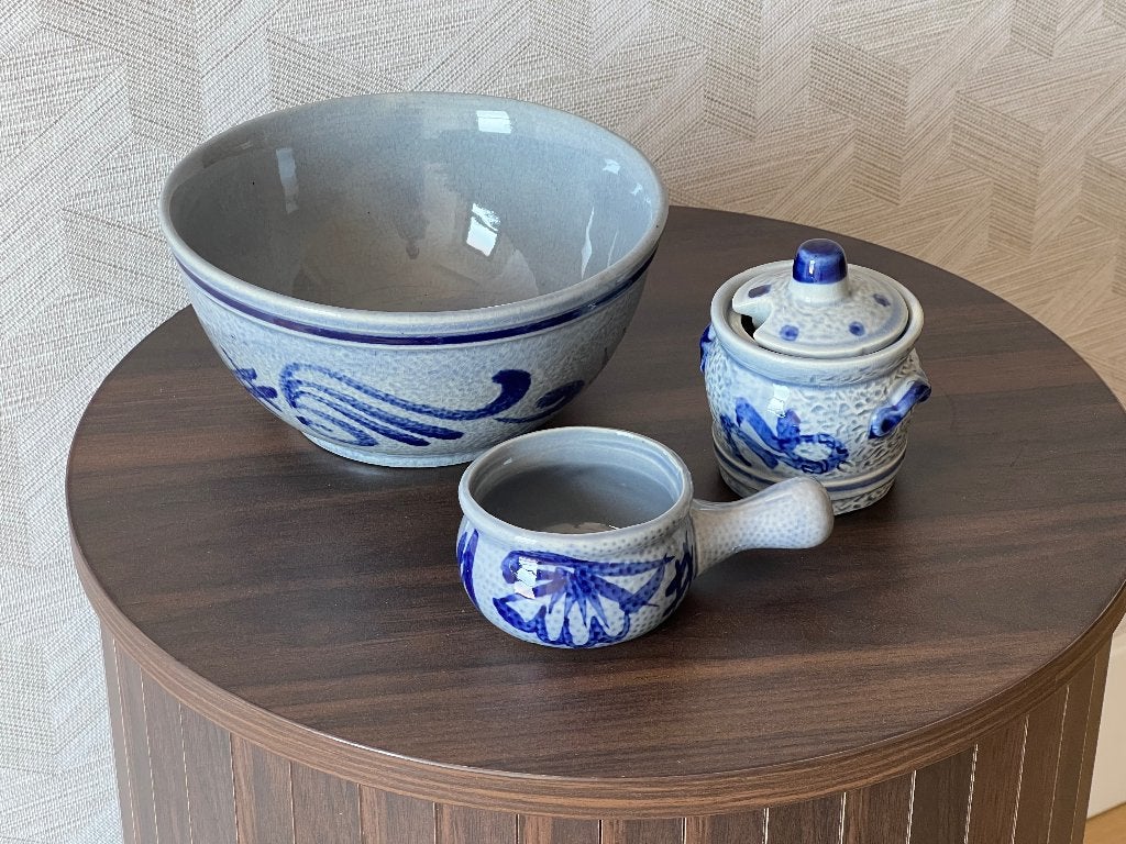 3 delig set vintage Dekselpotje , pannetje , schaal/bloempot, Brocante, Blauw, Ophalen of Verzenden, Zo goed als nieuw