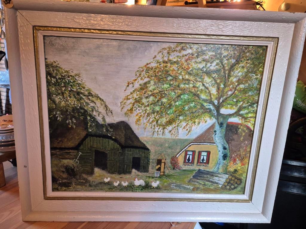 Schilderij: Landelijk tafereel met boerderij en kippen, Ophalen