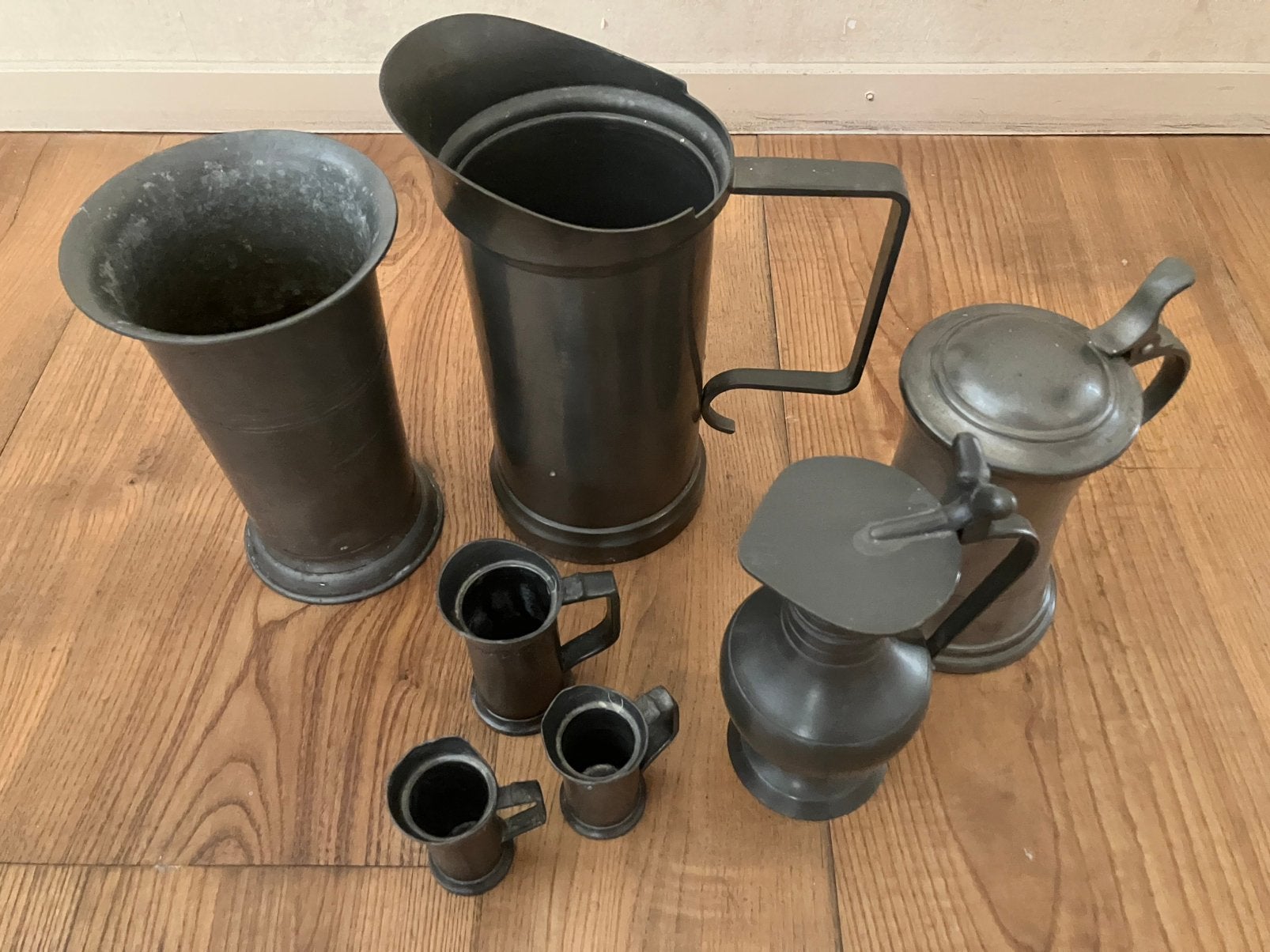 Partij vintage tinnen voorwerpen, kan, vaasje, kelkje, beker, Antiek en Kunst, Ophalen