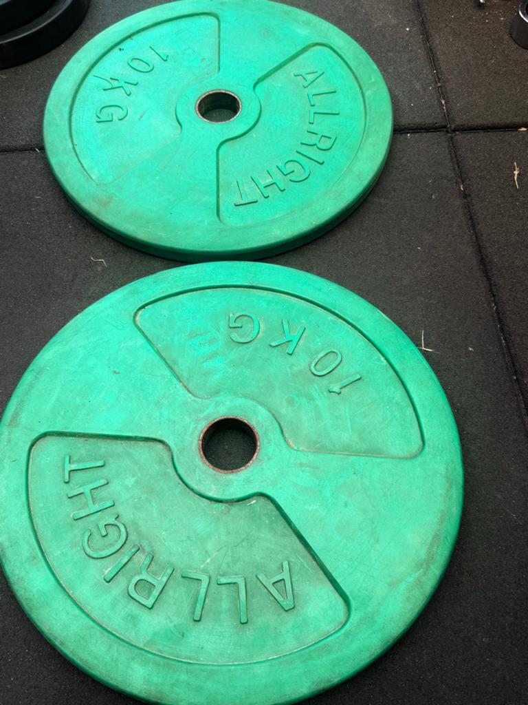 2x 10 kg Allright 50mm Halterschijven, Ophalen, Gebruikt, Halterschijven