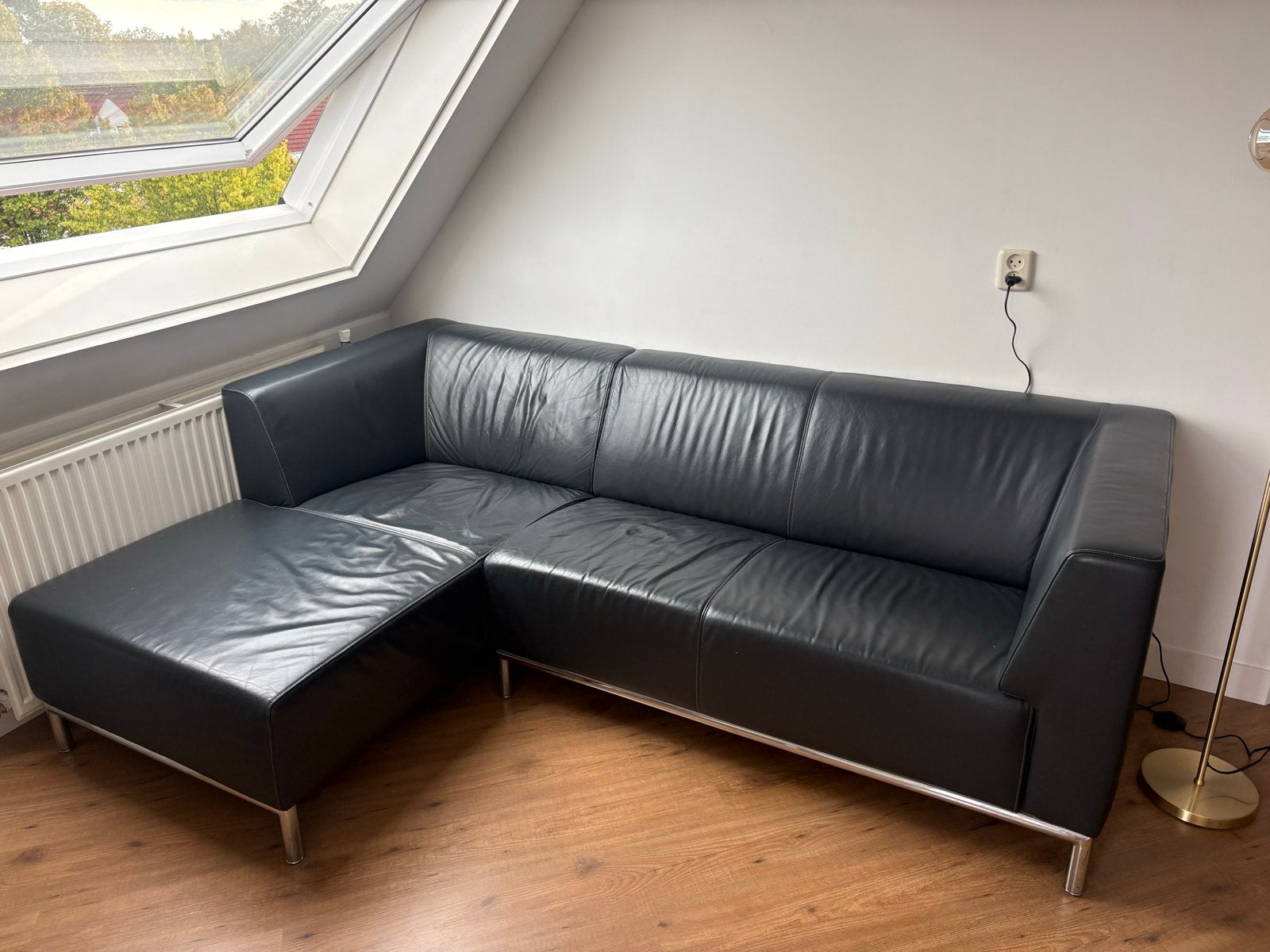 Zwarte Leren Hoekbank met Chaise Longue, Ophalen, Gebruikt, 125 tot 150 cm, Hoekbank