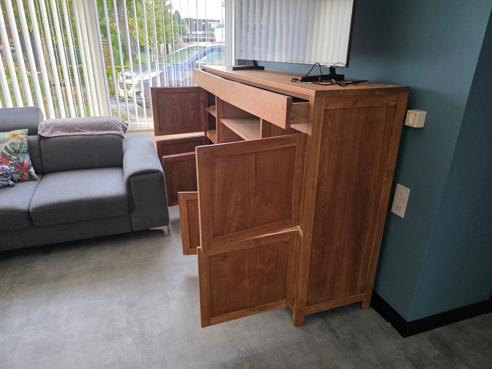 Teakhouten kast - B210 x D46 x H120 cm, Ophalen, Gebruikt, 100 tot 150 cm, Teakhout