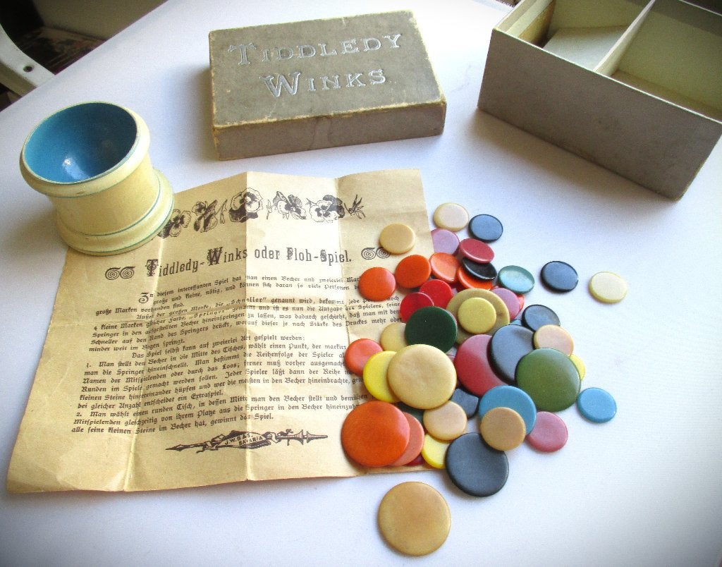 Vlooienspel antiek ca 1930~Tiddledy Winks~celluloid vlooien, Ophalen of Verzenden