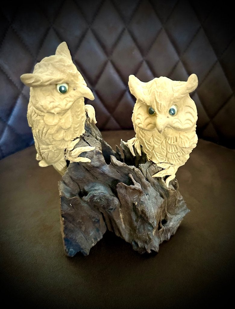 Uilen Beeldje Uil hout dier vogel curiosa vintage + oogjes, Verzenden
