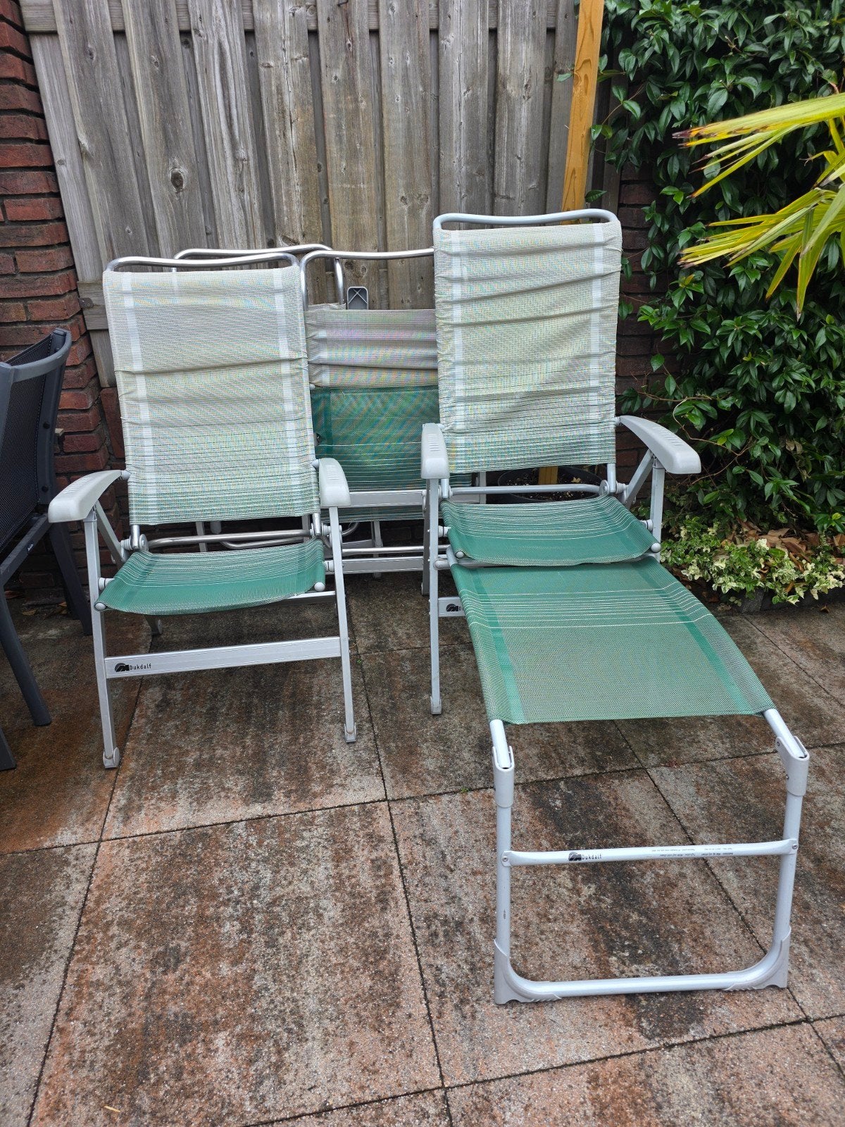 4 Dukdalf campingstoelen grijs/groen met voetensteun, Ophalen of Verzenden, Gebruikt, Campingstoel