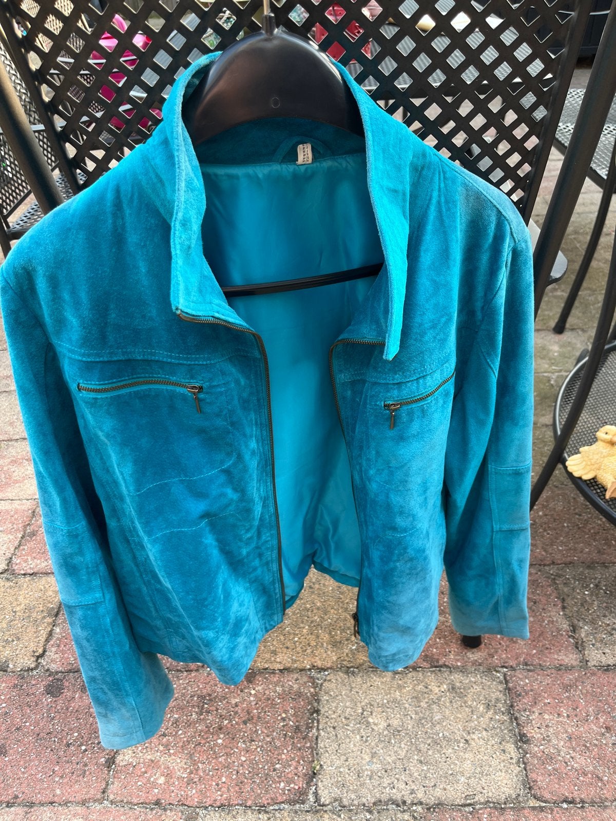 Turquoise suède jas - Echt leer, Ophalen of Verzenden, Gedragen, Maat 42/44 (L), Blauw
