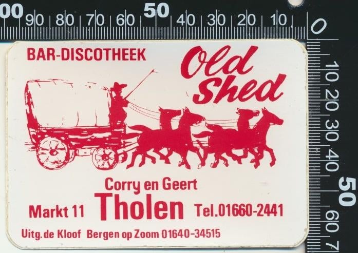Sticker: Bar Discotheek Old Shed - Tholen (Rood), Verzamelen, Stickers, Zo goed als nieuw, Bedrijf of Vereniging, Ophalen of Verzenden