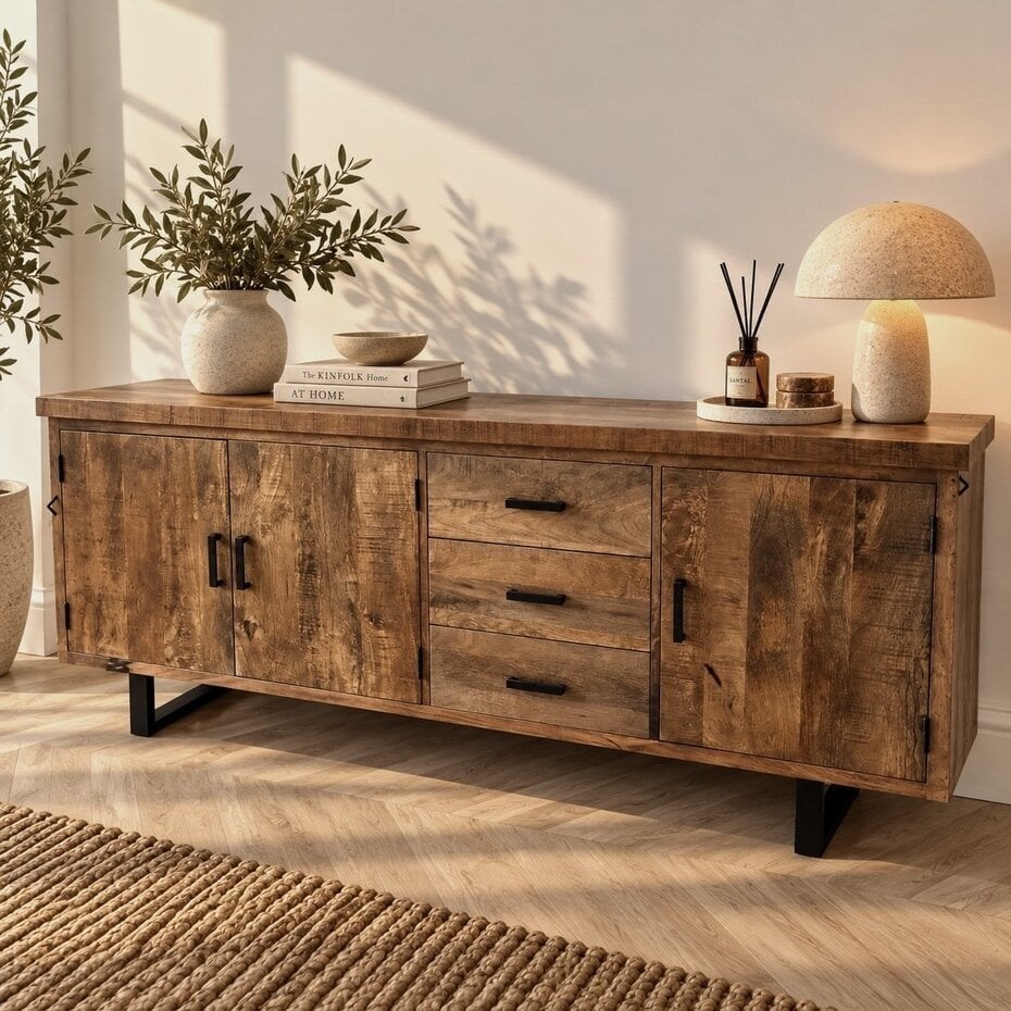 Dressoir Madrid 85 x 200 x 45 cm mangohout metaal zwart, 200 cm of meer, Industrieel, Modern, Landelijk, 25 tot 50 cm, Ophalen