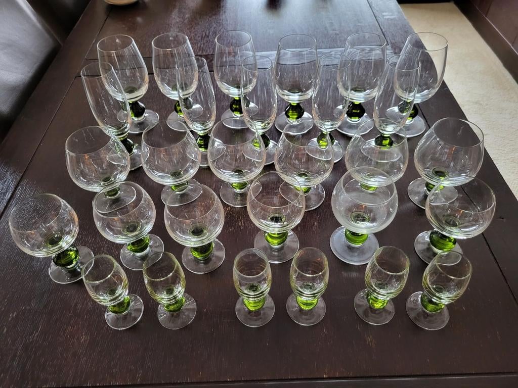 Glasservies jaren 70/80 helder/groen glas, Ophalen, Glas of Glazen, Gebruikt, Glas