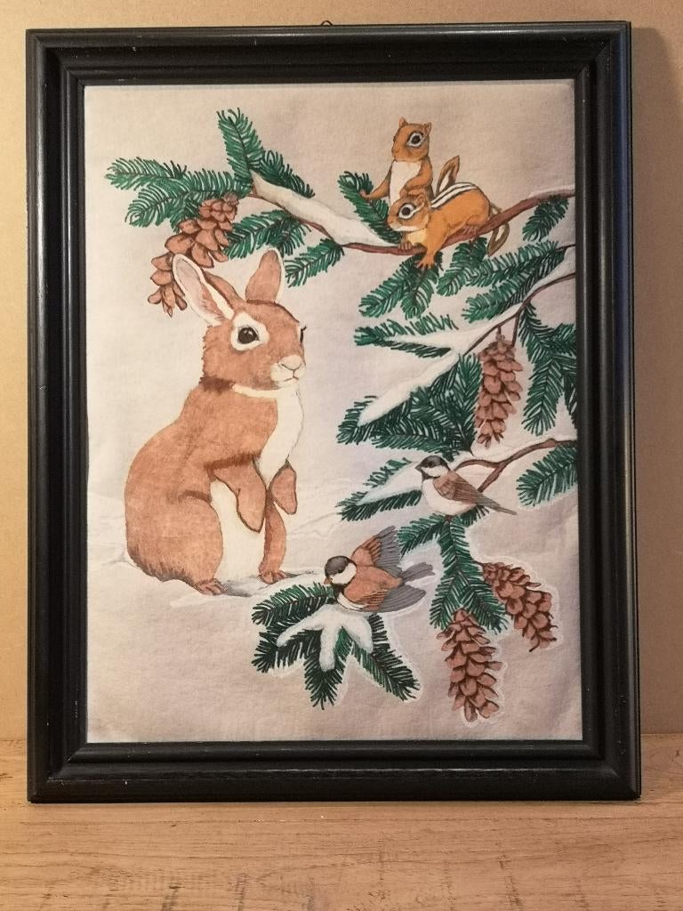 Schilderij wintertafereel met konijn, Minder dan 50 cm, Ophalen of Verzenden, Zo goed als nieuw, Schilderij