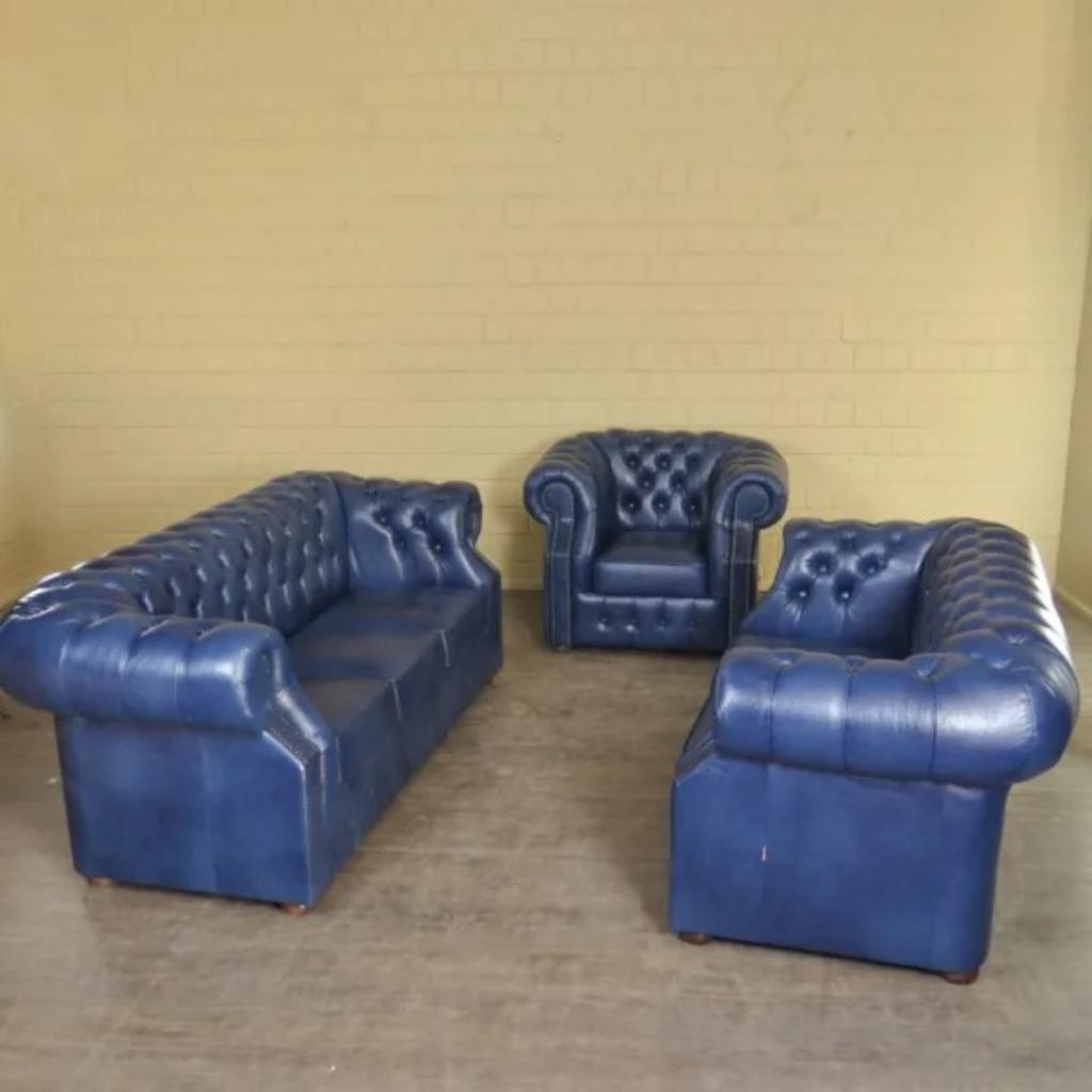 23772 Chesterfield Bankstel Blauw 3-2-1 Leder, Huis en Inrichting, Ophalen, Chesterfield, Nieuw, Rechte bank