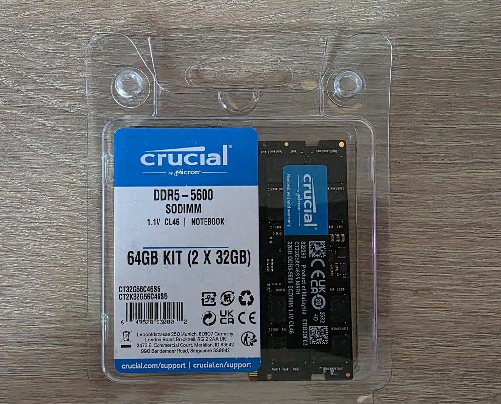 Crucial 64 GB Kit (2x32 GB) DDR5-5600 CL46 SO-DIMM-geheugen, Nieuw, Ophalen of Verzenden, DDR5, 64 GB