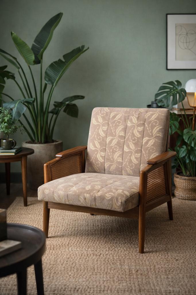 2 Fauteuils beige met plantenprint en rieten armleuningen, Ophalen, Gebruikt, 75 tot 100 cm, Stof