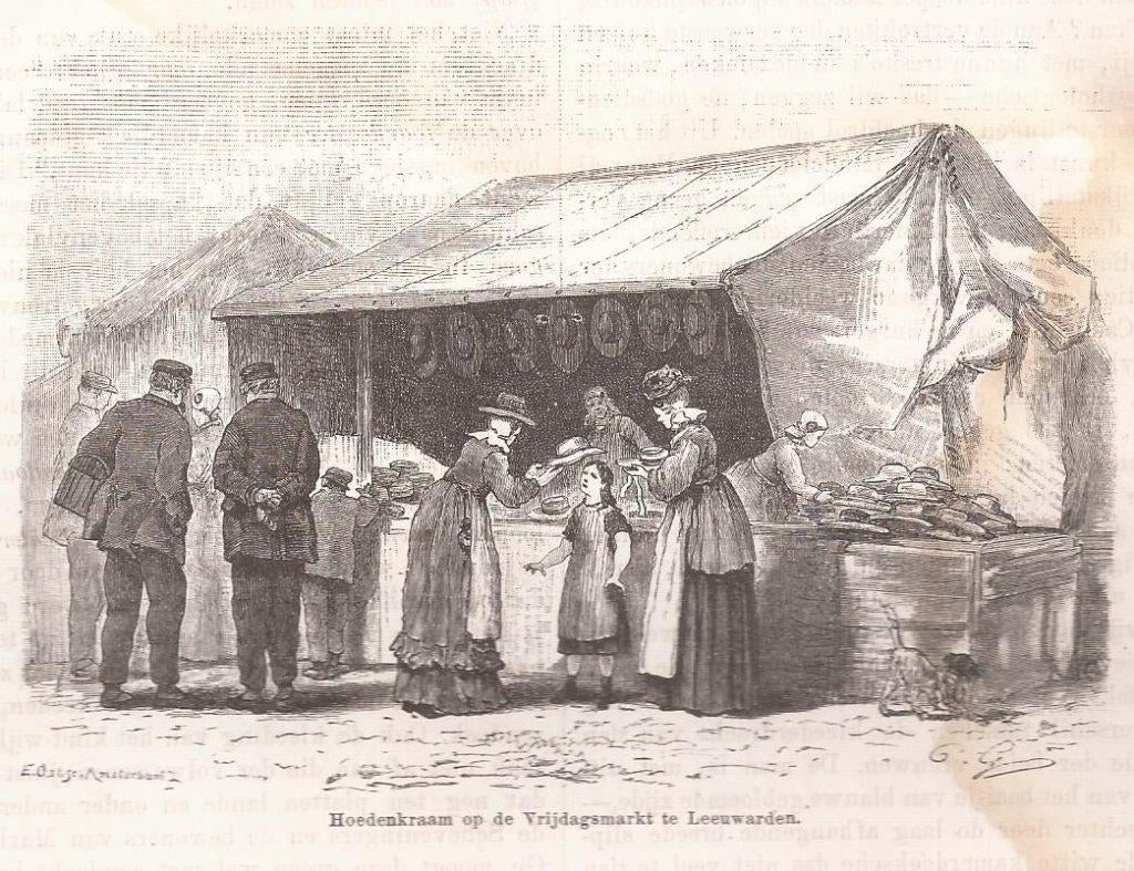 Hoedenkraam op de Vrijdagsmarkt te Leeuwarden ca. 1880, Antiek en Kunst, Ophalen of Verzenden