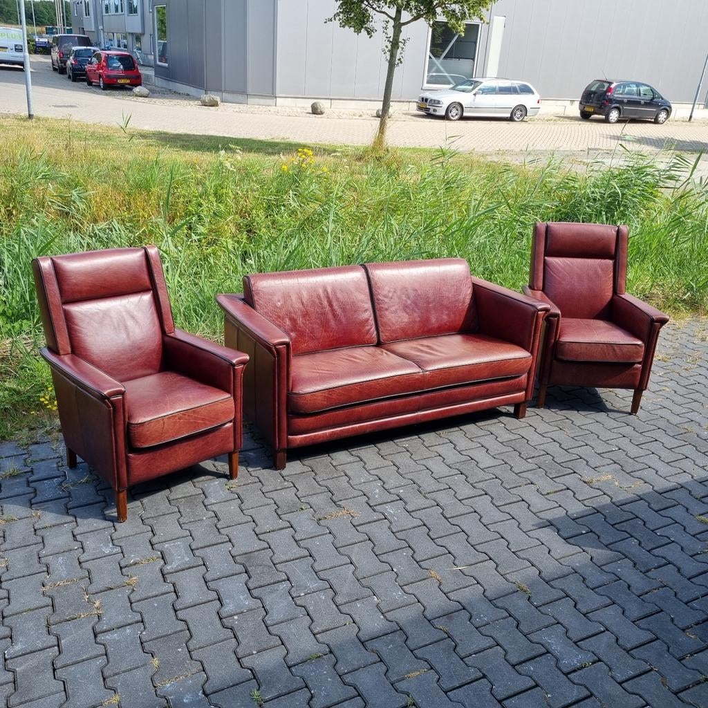 Klassiek bankstel bruin rood leer art deco stijl + BEZORGING, Huis en Inrichting, Banken | Bankstellen, Gebruikt, Klassiek, Leer