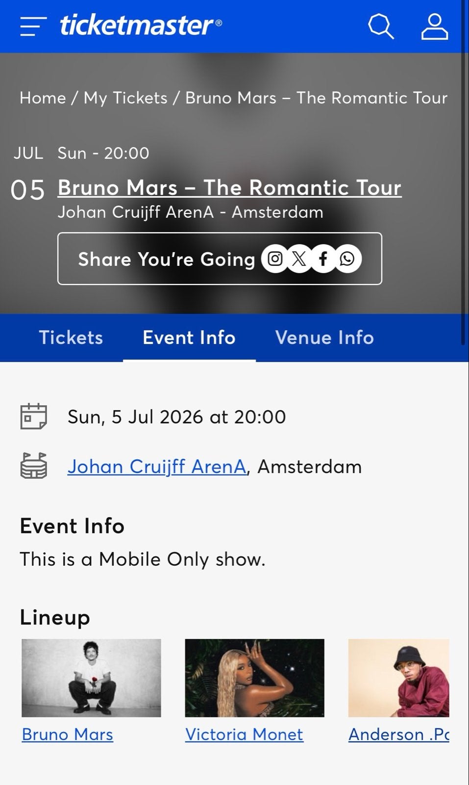 2x Bruno Mars Amsterdam – Vak 128 Row 12 – naast elkaar, Tickets en Kaartjes, Twee personen, Juli