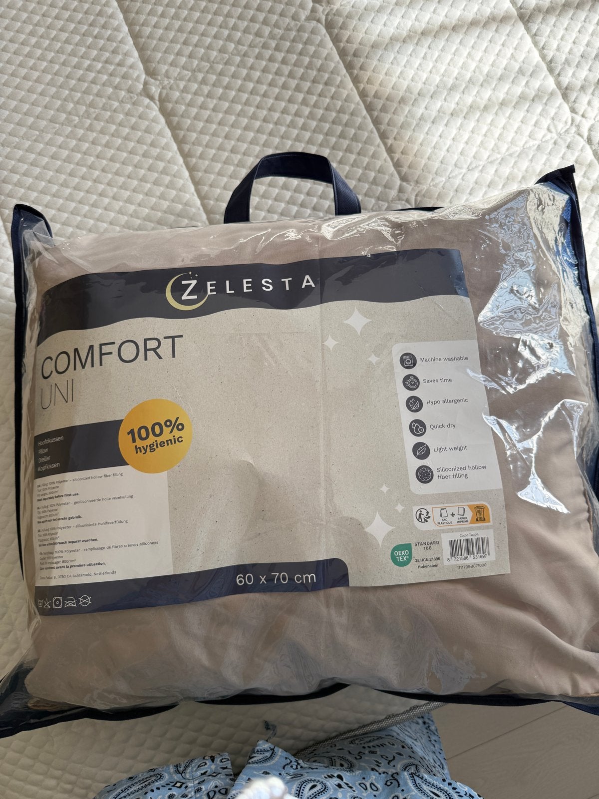 2x Zelesta Comfort Uni kussen 60x70 cm, Anti-allergisch, Eenpersoons, Beige, Nieuw