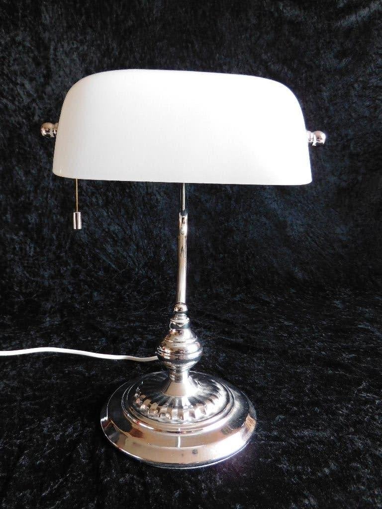 Notarislamp of Bankierslamp in chroom met kap van wit glas e, Gebruikt, Overige merken, 38 cm, Wit