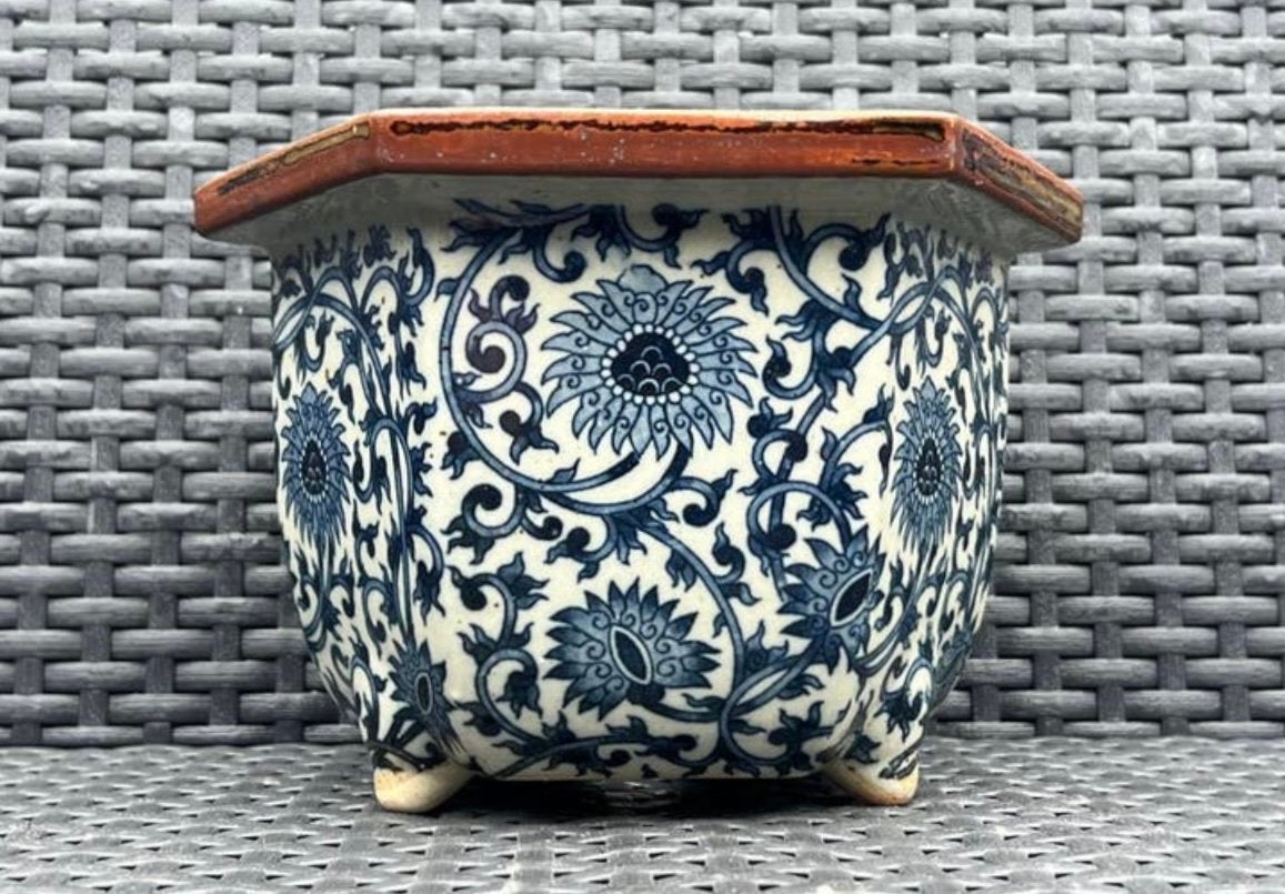 Bonsai pot blauw gedecoreerd porselein 21x18,5x14,2, Overige materialen, Ophalen of Verzenden, Zo goed als nieuw, Overige vormen