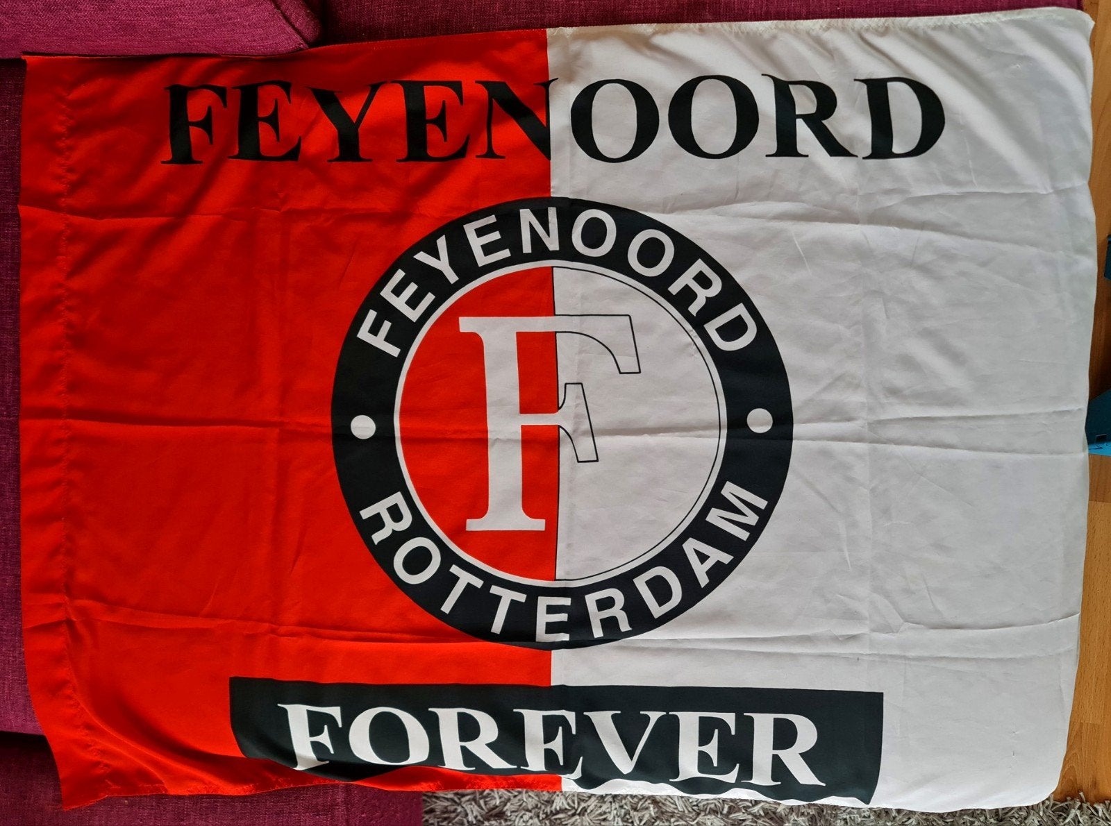 Vintage originele Feyenoord 'Forever' vlag 1996 oude logo, Verzamelen, Ophalen, Gebruikt, Feyenoord, Overige typen