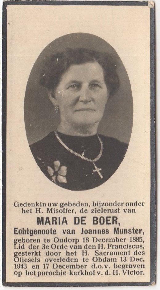 Maria de Boer 1885 Oudorp + 1943 Obdam, 57 jaar oud, Verzenden