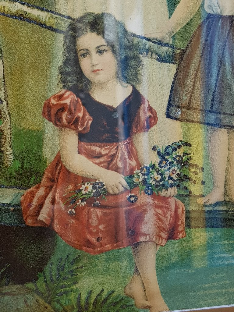 Engel met kinderen antieke ingelijste prent uit Engeland., Ophalen of Verzenden