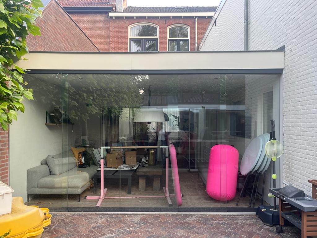 Glazen pui met vijf soepel schuivende deuren (445x240cm), Doe-het-zelf en Verbouw, Ophalen, Zo goed als nieuw, Gevelraam of Ruit
