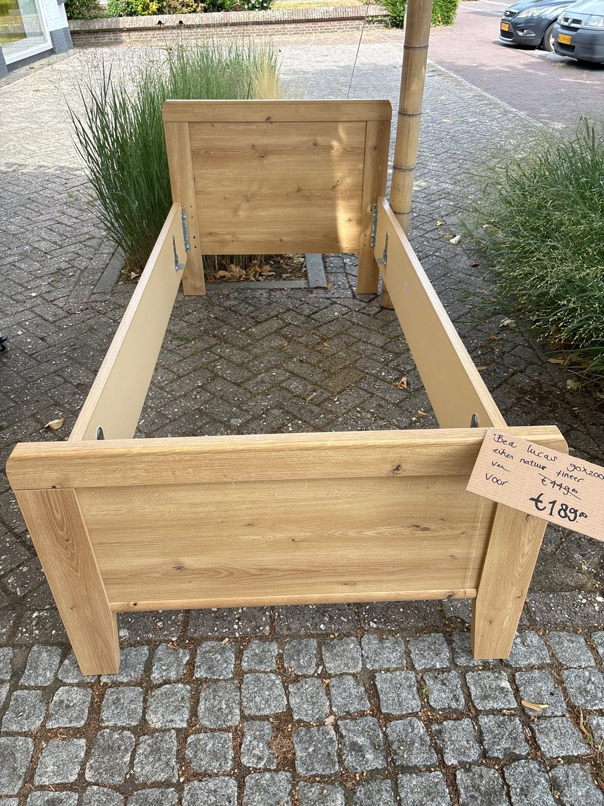 Bed Lucas 90x200 eiken natuur fineer, Ophalen, 90 cm, Eenpersoons, Bruin