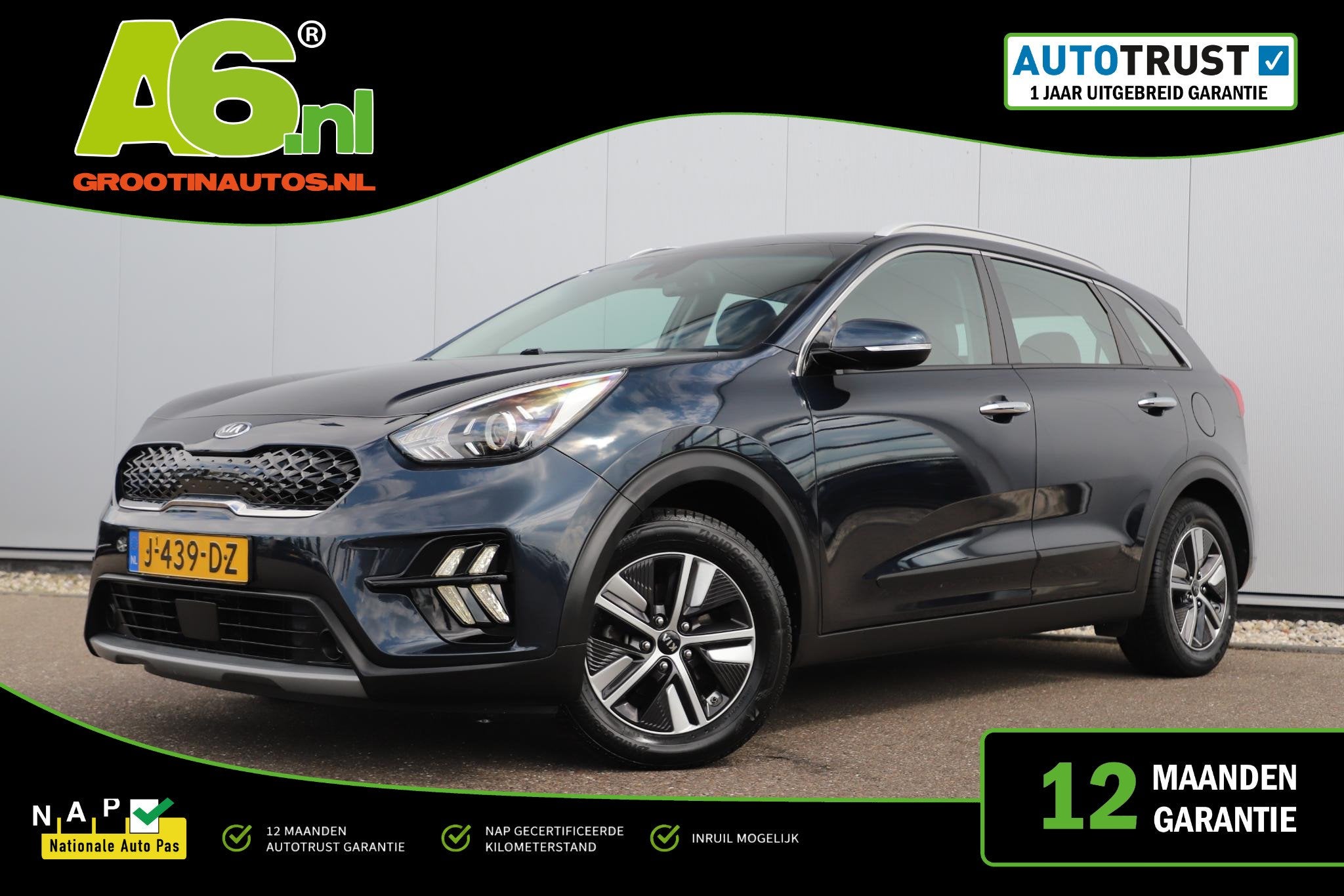 Kia Niro 1.6 GDi Hybrid DynamicLine Automaat Navigatie Achte, Auto's, Kia, Gebruikt, Euro 6, Blauw, Leder en Stof