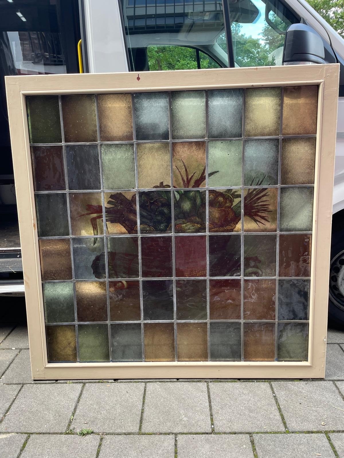 Uniek Glas in Lood Raam met Fruitmotief, Ophalen, Gevelraam of Ruit, Gebruikt, Glas in lood