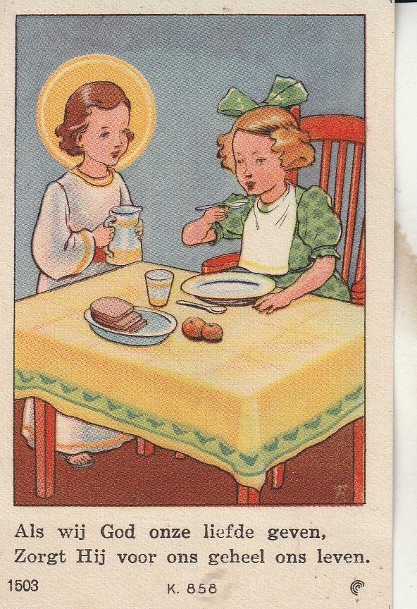 Vintage religieuze prentje: Jezus en meisje aan tafel, Ophalen of Verzenden, Gebruikt, Kaart of Prent, Christendom | Katholiek