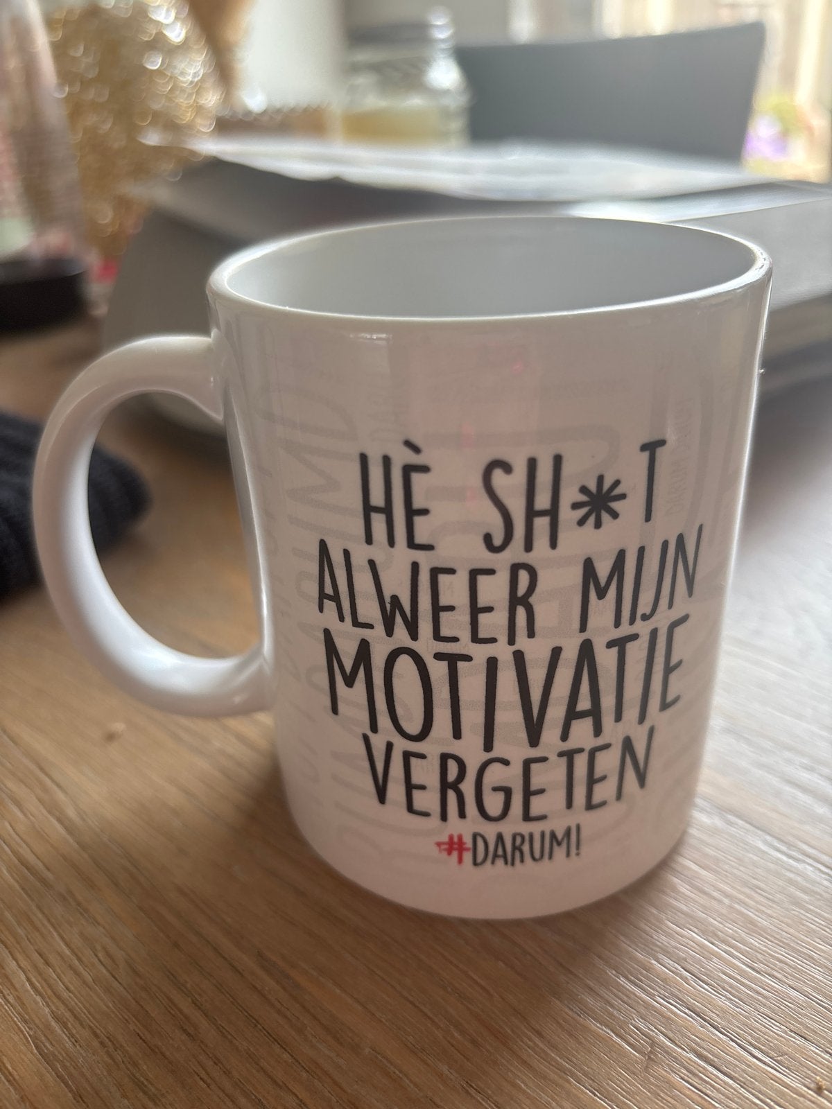 Mok 'Hè sh*t alweer mijn motivatie vergeten #DARUM!', Overige typen, Ophalen of Verzenden, Zo goed als nieuw, Steen/keramiek