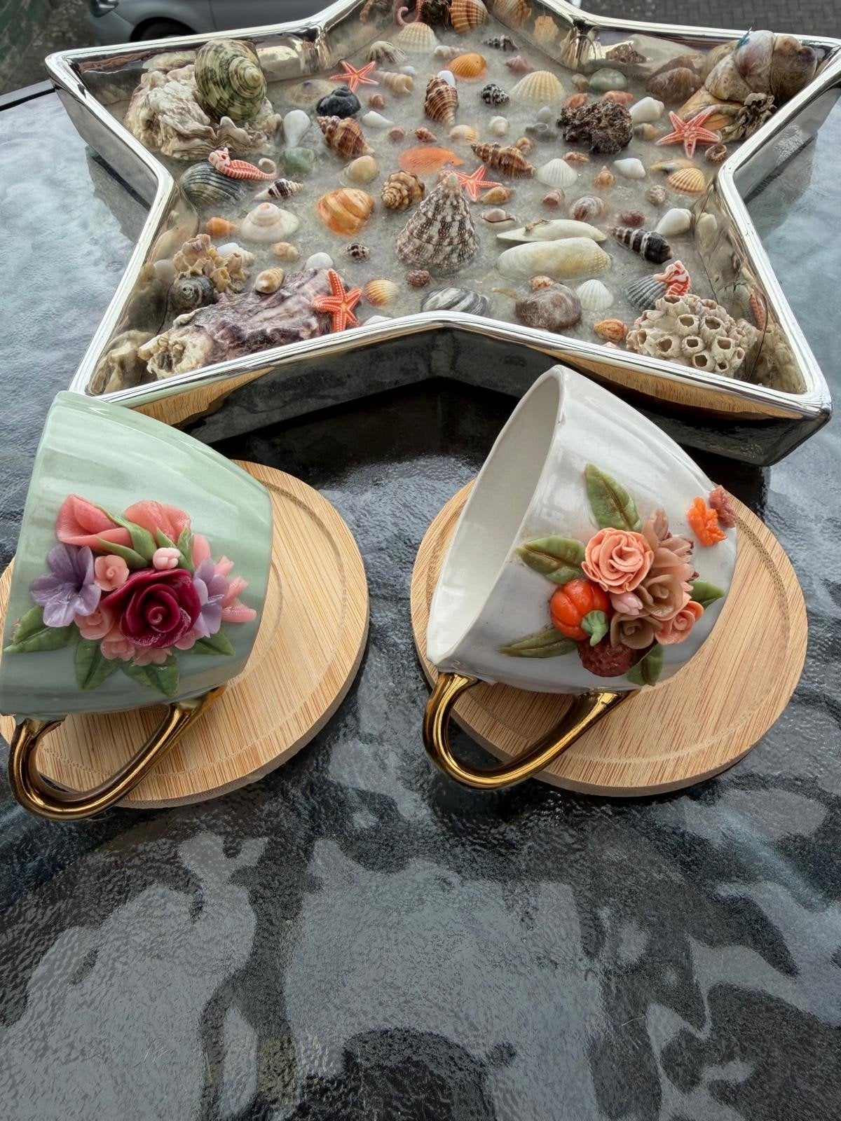 Handgemaakte Espressokopjes met Kleibloemen, Keramiek, Ophalen of Verzenden, Zo goed als nieuw, Overige stijlen