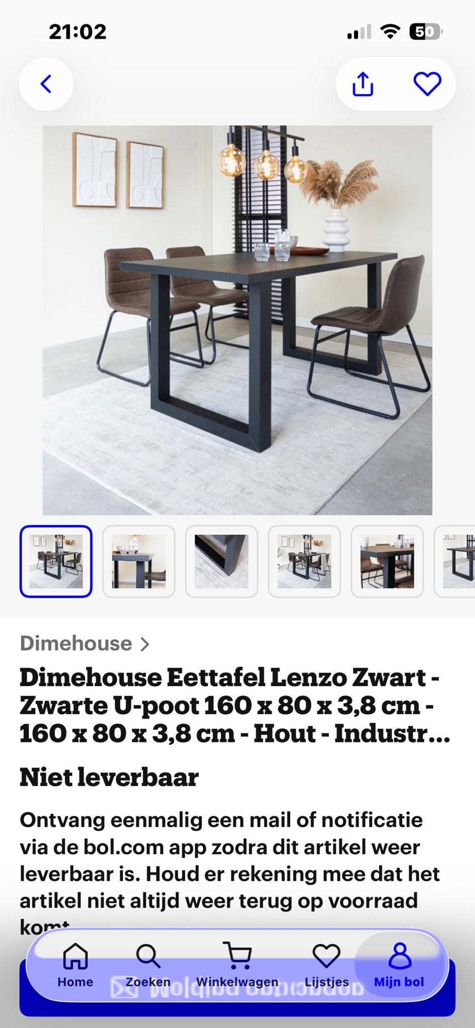 Dimehouse Eettafel Lenzo Zwart - Industriële U-poot, Ophalen, Nieuw, 50 tot 100 cm, Vier personen