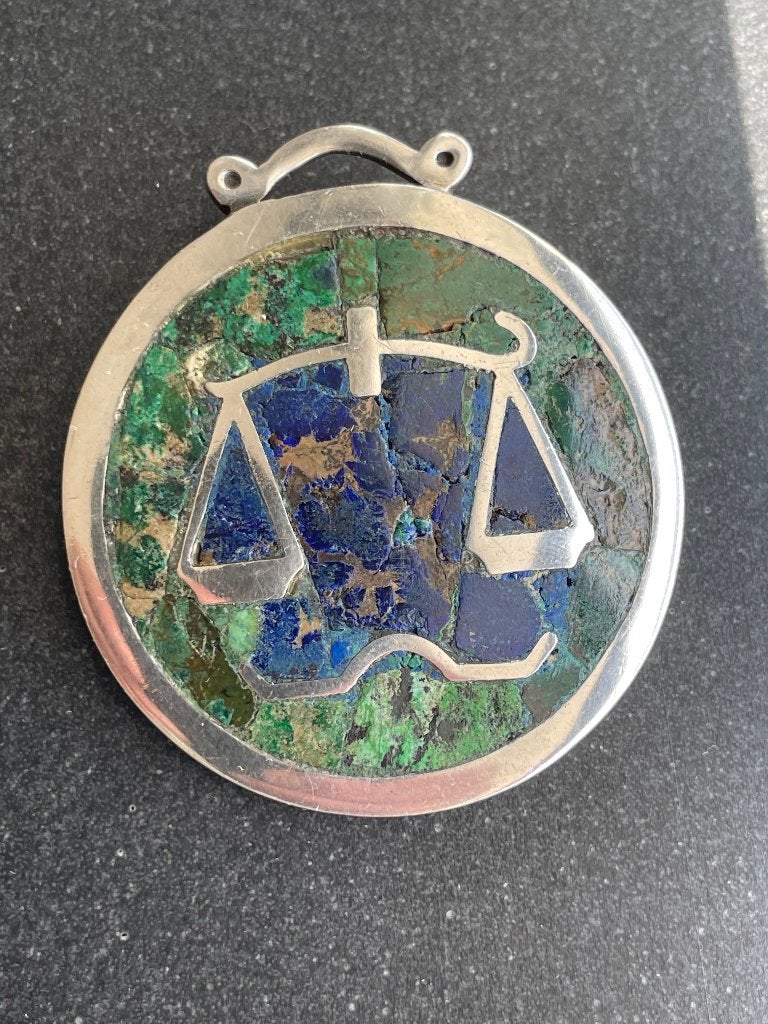Broche Weegschaal | Mexico | azuremalachiet, Ophalen, 4 tot 7 cm, Gebruikt, Met edelsteen