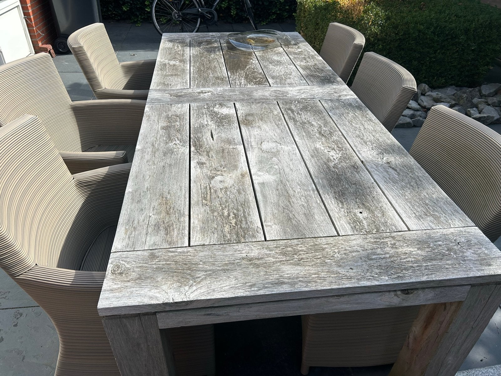 Teakhouten tuintafel met kunststof rieten stoelen, Tuin en Terras, Ophalen, Gebruikt, Rechthoekig, Teakhout