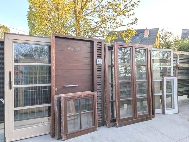 2 SCHUIFPUIEN, DEUR EN 7 KOZIJNEN HARDHOUT AFZELIA !!!, Ophalen, Gebruikt, Inclusief glas, Schuifpui
