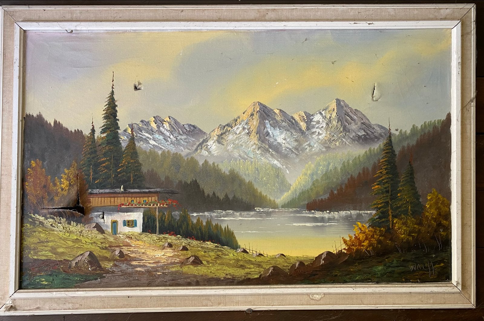 Schilderij berglandschap met huis, 100x60 cm🖼️, Ophalen, Doek, Realistisch, Landschap