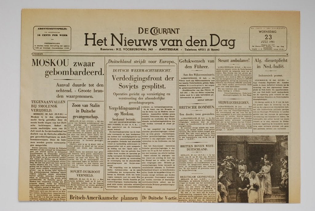 Het Nieuws van den Dag - 23 juli 1941 | Herdruk krant WOII, Verzamelen, Zo goed als nieuw, Verzenden, Amsterdam, Overige soorten