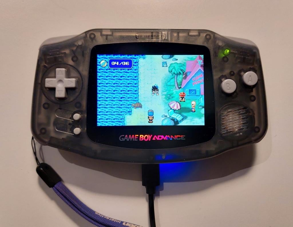 Game Boy Advance IPS V5 + USB-C, transparant zwart, Spelcomputers en Games, Games | Nintendo Game Boy, Zo goed als nieuw, 1 speler