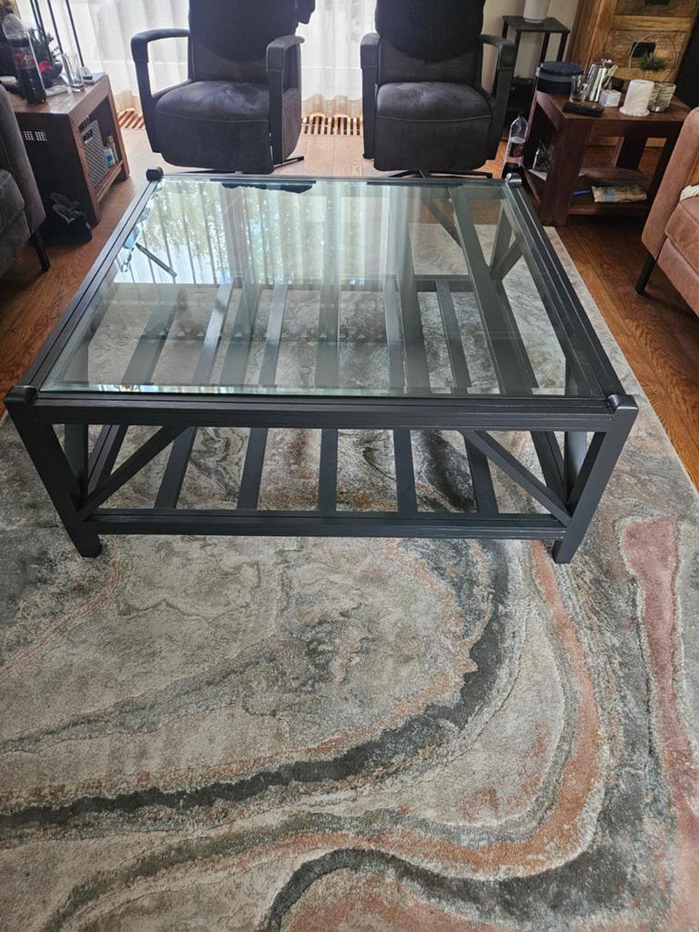 Antraciet geverfde salontafel 120x120cm met glazen blad, Huis en Inrichting, Ophalen, Gebruikt, Glas, Vierkant