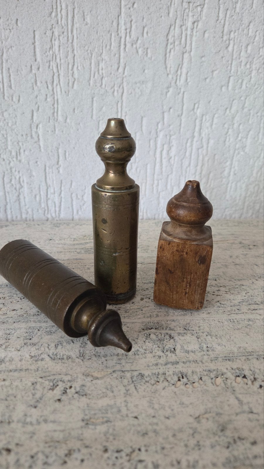 Set van antieke schietlood en houten klos, Ophalen of Verzenden