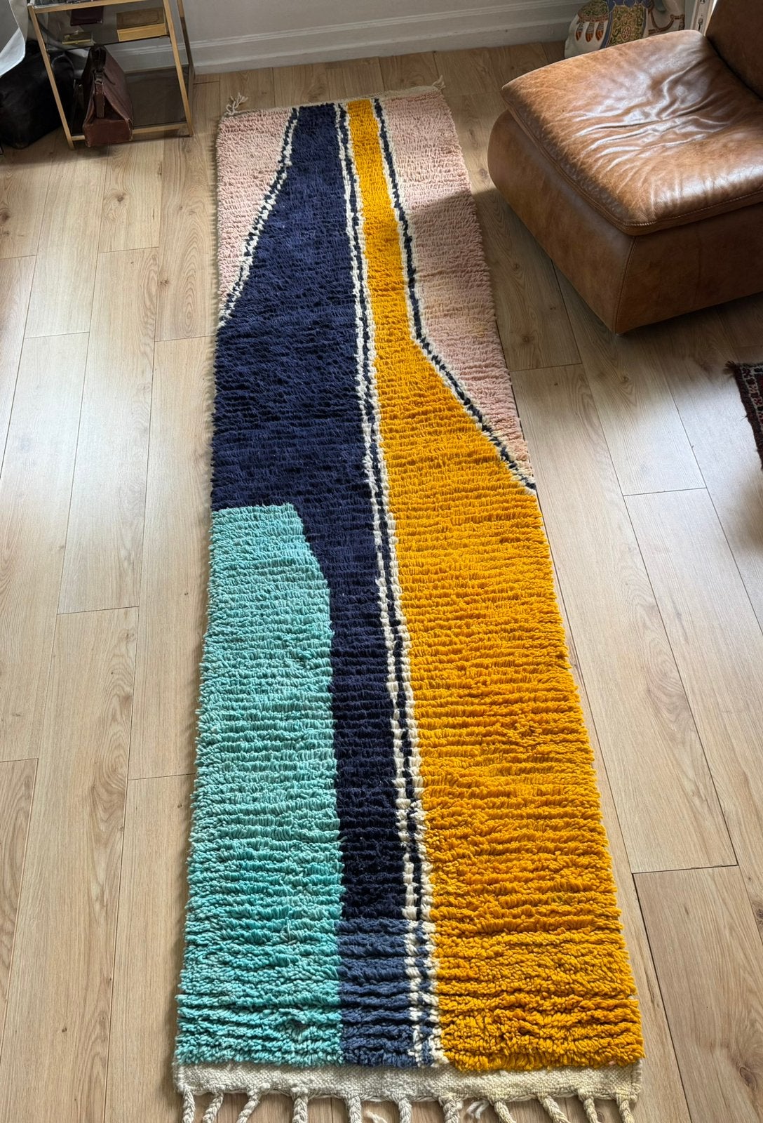 Kleurrijke Marokkaanse loper – handgeknoopt 333 x 80 cm, Blauw, 1053 ML, Amsterdam, Info@bababoho.com, Zo goed als nieuw