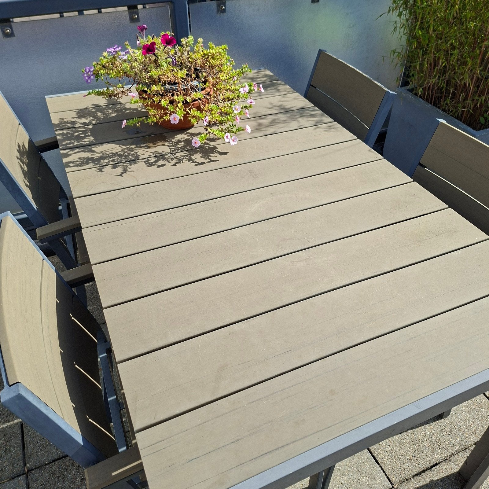 Tuinset met tafel en 4 stoelen - 1.57m x 0.90m, Ophalen, Gebruikt, Rechthoekig