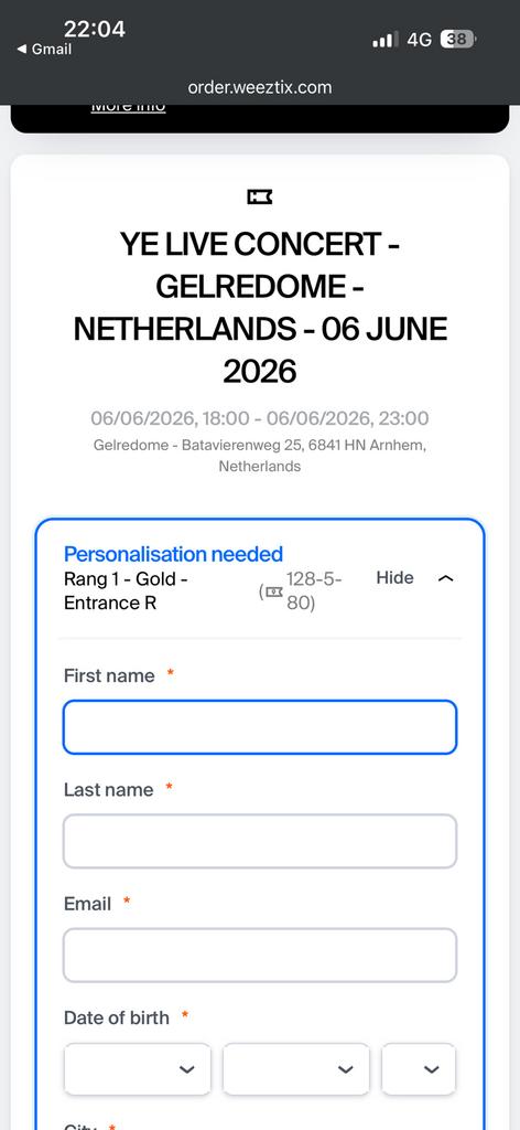 Ye Gelredome 6 juni ticket Rang 1 - Gold - Entrance R, Tickets en Kaartjes, Eén persoon, Juni