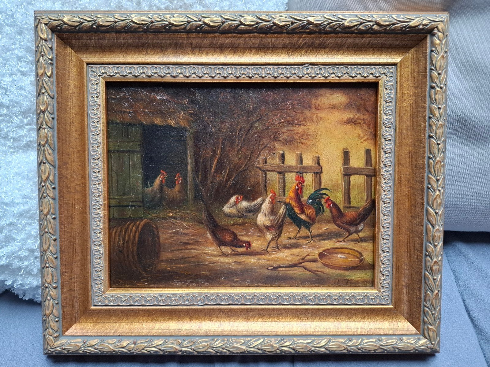 Olieverfschilderij: Kippen op het erf, ca. 34 x 29 cm, Doek, Realistisch, Dieren, Ophalen of Verzenden