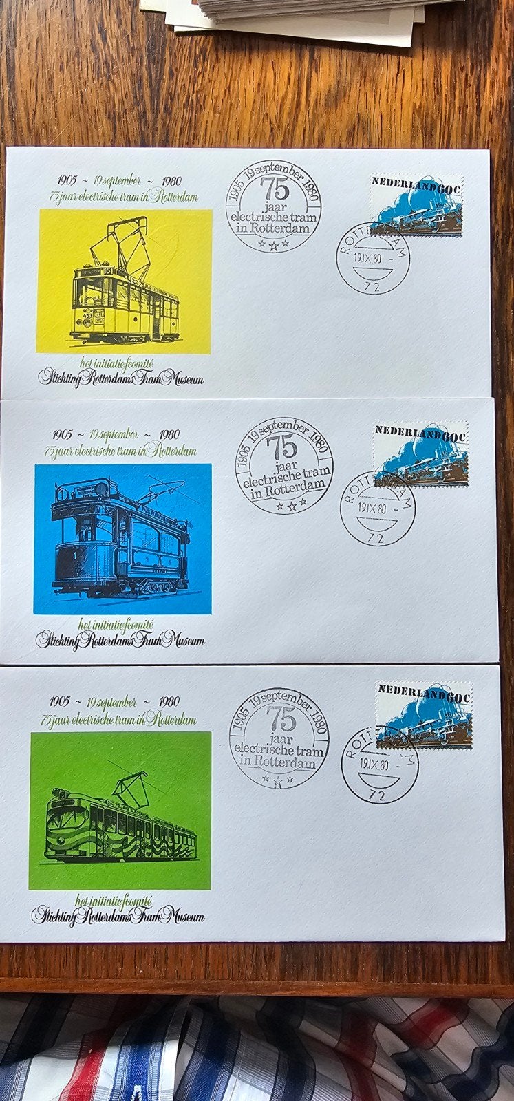 3 Enveloppen 75 Jaar Elektrische Tram Rotterdam 1980, Postzegels en Munten, Brieven en Enveloppen | België, Verzenden