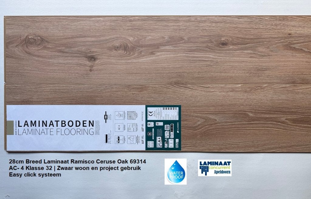 Waterbestendig 28cm breed Laminaat Ramisco Ceruse Oak 8mm, Bruin, 75 m² of meer, 28cm breed waterbestendig laminaat bruin, Nieuw