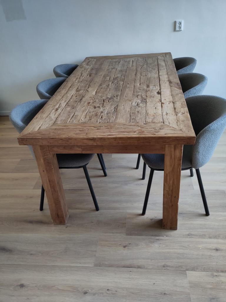 Stoere eettafel, evt met 6 grijze teddy stoelen, 200 cm of meer, Zo goed als nieuw, Rechthoekig, 50 tot 100 cm
