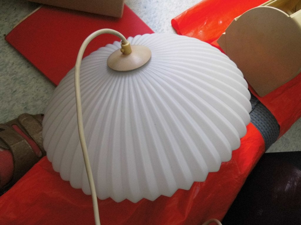 Vintage Plafondlamp / Hanglamp - Wit Geribbeld Glas, Ophalen, Zo goed als nieuw, Glas, Vintage, Klassiek